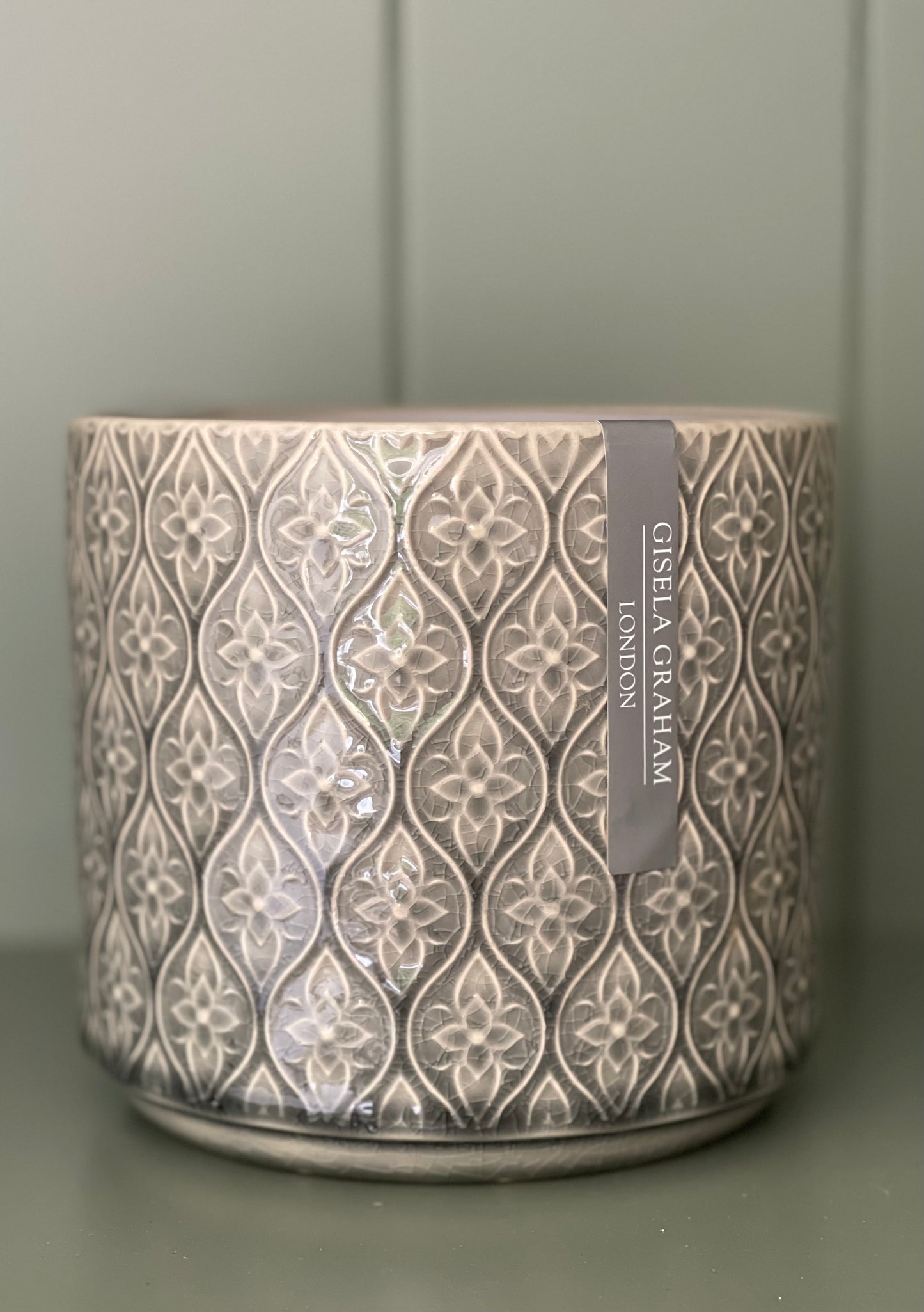 Stoneware Pot Cover - Grey Trellis