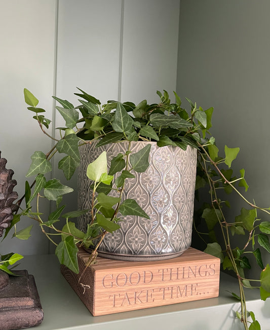 Stoneware Pot Cover - Grey Trellis