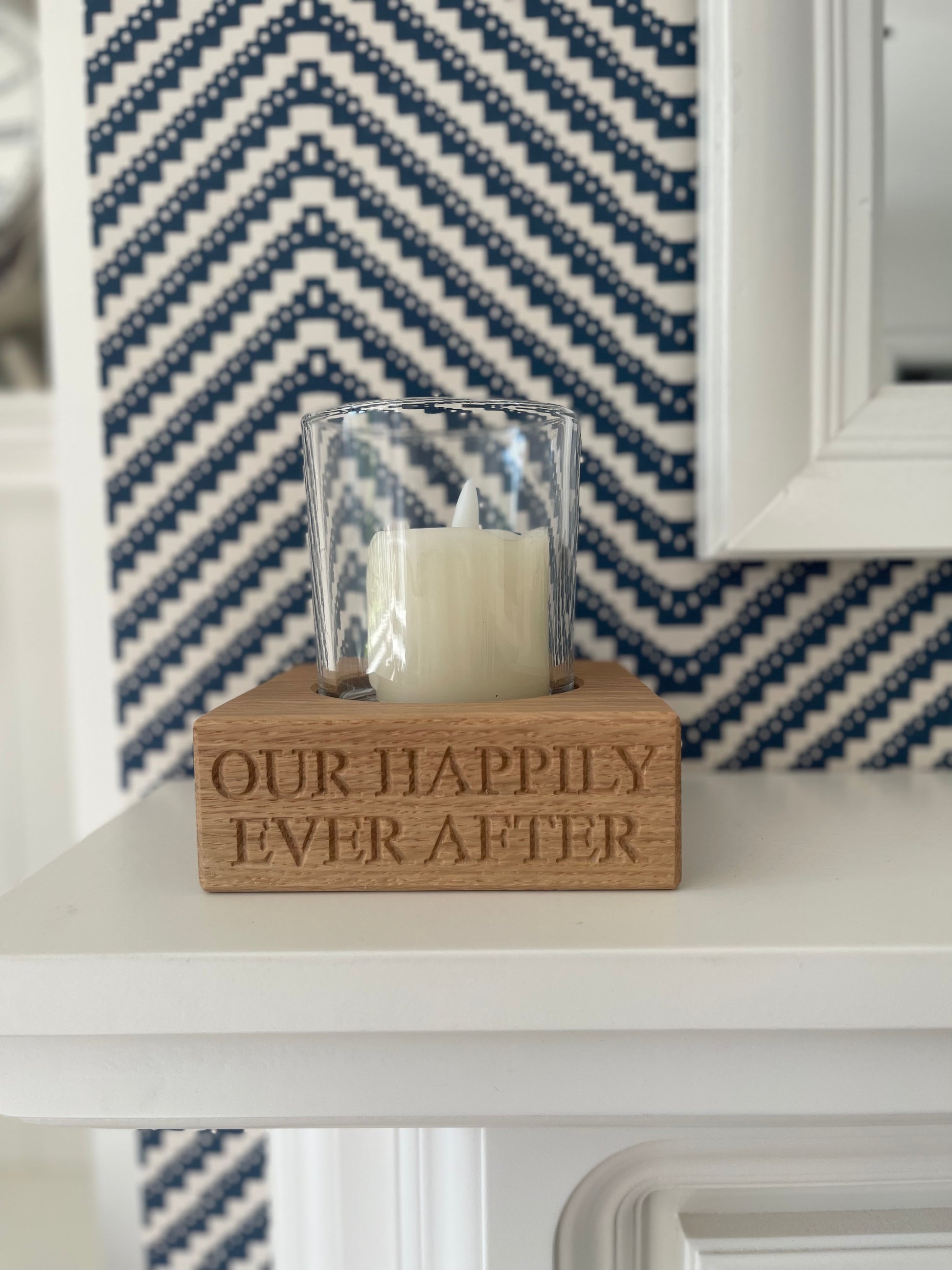 Oak Candle Holder with Our Happily Ever After engraved